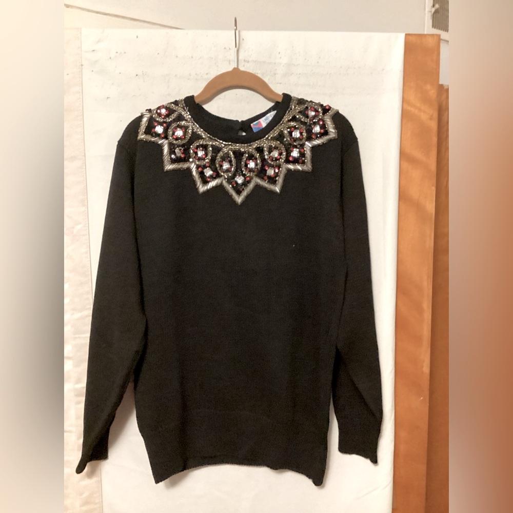 LINDSEY BLAKE BEDAZZLED BIB COLLAR SWEATER SZ M VINTAGE